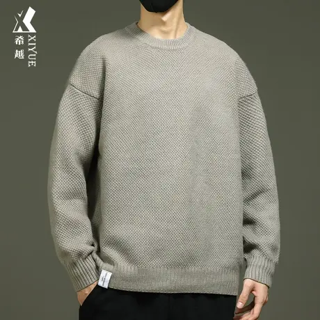 希越纯色针织毛衣650g圆领内搭打底男士秋冬季宽松大码日系复古潮商品大图