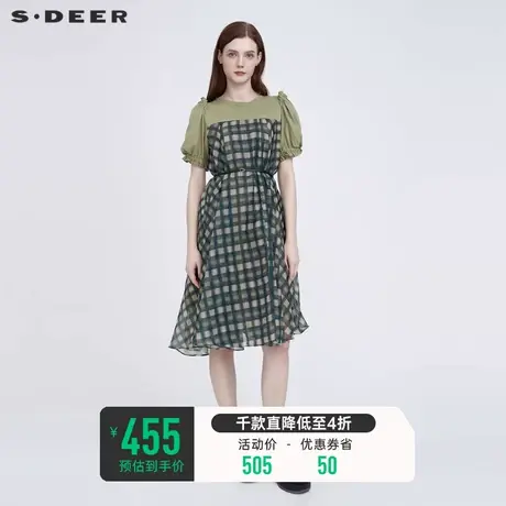 sdeer圣迪奥格纹拼接长裙圆领裙子泡泡袖夏季连衣裙S22261252商品大图