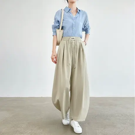 米灰色阔腿弯刀裤女夏季薄款高腰宽松休闲百搭垂感香蕉松紧腰裤子商品大图