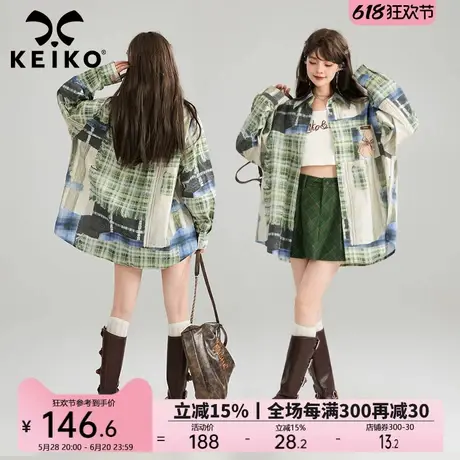 KEIKO 高级感全幅拼印格子长袖衬衫女2025春夏街头小众花色衬衣图片