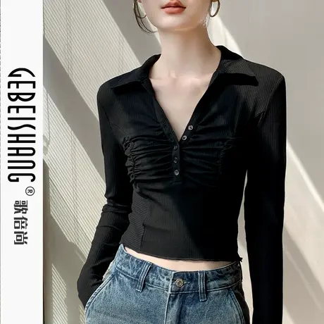 法式POLO领长袖T恤女2024秋季新款修身洋气设计感小众小众打底衫图片