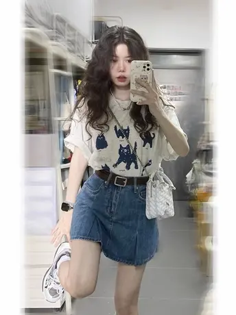 港味复古chic大码短袖t恤女夏季纯棉半袖设计感ins潮休闲宽松上衣图片