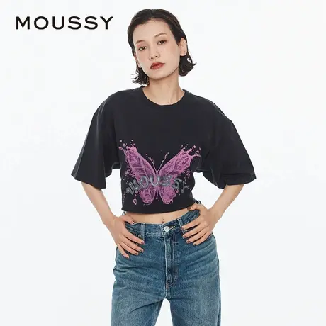 MOUSSY 夏季废土风做旧液态蝴蝶印花圆领短袖T恤女028HSZ90-1161图片