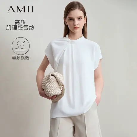 Amii2025夏新款法式通勤立领不对称收褶连袖白衬衫女宽肩雪纺上衣商品大图