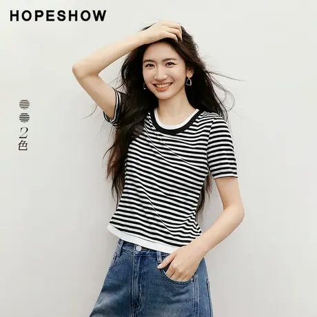 红袖2025秋季新款女装条纹假两件撞色拼接正肩短袖圆领套头T恤商品大图