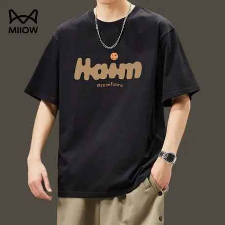 猫人纯棉美式短袖t恤男2024新款夏季圆领重磅印花打底上衣体恤潮图片