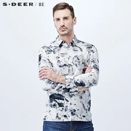 sdeerhe圣迪奥男装简约都市休闲印花纯棉男士长袖衬衫H15370552图片