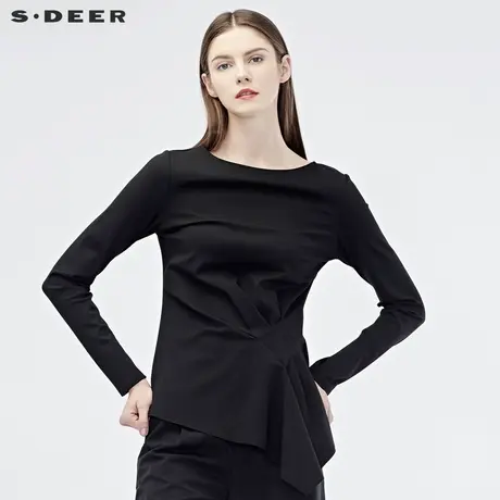 sdeer圣迪奥2019春女休闲圆领不规则褶皱设计长袖针织S19180232图片