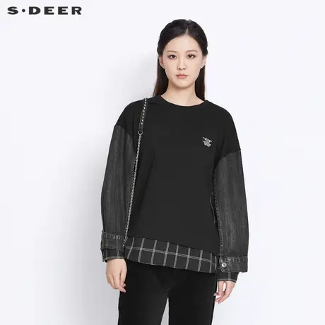 sdeer圣迪奥女装春秋装圆领字母格纹牛仔拼接长袖卫衣S21380225图片