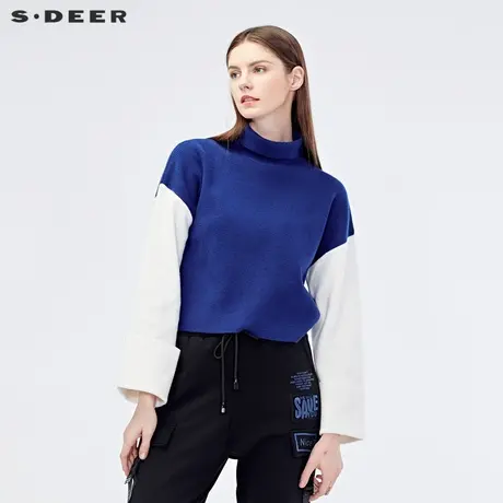 sdeer圣迪奥简约休闲蓝白撞色拼接喇叭袖高领毛衣女S19183514图片