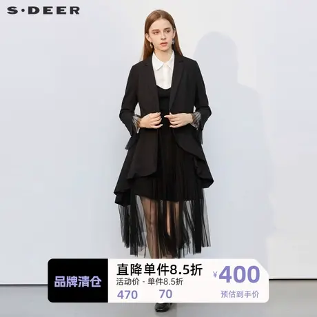 S·DEER圣迪奥女装西装领网纱不规则中长款风衣S221Z1701图片