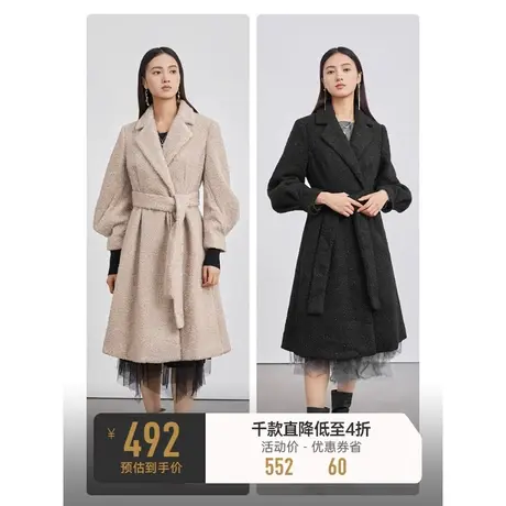 sdeer圣迪奥女装西装领收腰仿羊羔绒长款大衣S224Z2522图片