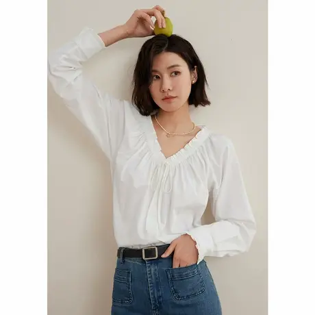 弥古白色v领衬衫女上衣2025春季女装高级感正肩法式泡泡袖衬衣图片
