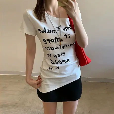 美式辣妹斜领露肩短袖T恤女夏季韩版修身打底衫纯欲风不规则上衣商品大图