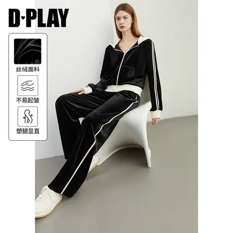 DPLAY秋季气质通勤黑色高腰撞色直筒亲肤丝绒长裤女裤子商品大图