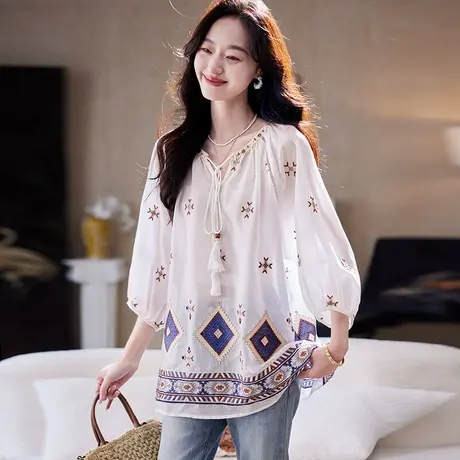 宝诗黎七分袖系带刺绣镂空衬衫2025夏季波西米亚风宽松大码女装商品大图