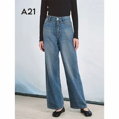 A21女装中蓝直筒中腰牛仔裤2025春季新款简约百搭长裤水洗阔腿裤图片
