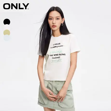 ONLY奥莱夏季休闲百搭胶印螺纹领口撞色圆领T恤女图片