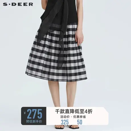 sdeer圣迪奥裙子半身裙女夏装松紧高腰撞色格纹A字长裙S222Z1167😁图片