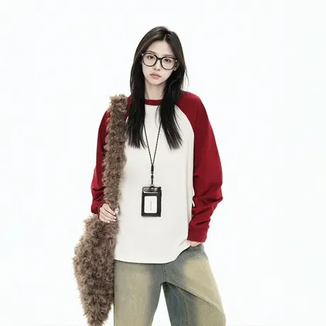 设计感复古拼接长袖t恤女春夏新款纯棉插肩袖上衣宽松潮牌打底衫图片