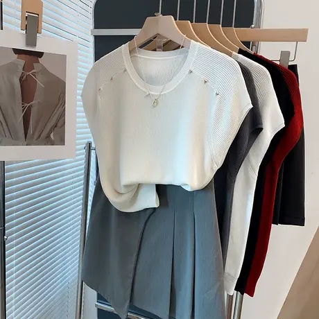 飞飞袖冰丝针织衫女2025夏装新款内搭圆领上衣洋气外穿短袖薄t恤图片