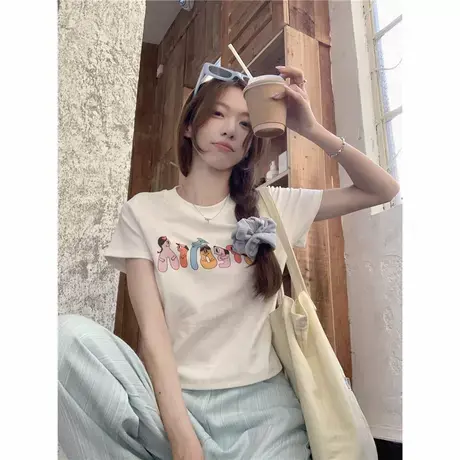 夏季新款字母印花短袖T恤女装设计感时尚显瘦小个子甜辣短款上衣商品大图
