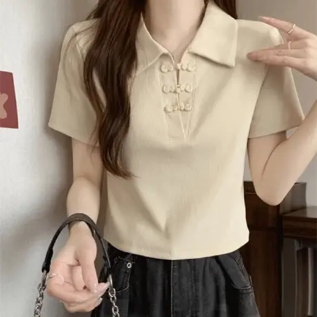 国风盘扣新中式胖mm显瘦Polo领上衣T恤2024夏季新款短款正肩短袖商品大图