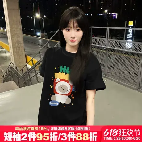 2025新款美式学院风卡通印花黑色短袖t恤女夏季新款宽松半袖上衣商品大图