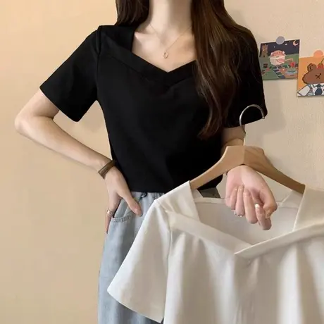 韩系高级感V领露锁骨短袖T恤女早春夏装修身打底衫内搭正肩上衣潮商品大图
