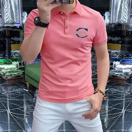 夏季新款男士Polo衫短袖t恤翻领半袖男装上衣舒适休闲轻奢粉色图片