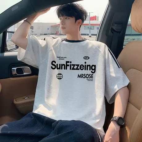 短袖T恤男夏季新款美式休闲宽松半袖大码打底衫高街潮牌圆领体恤图片