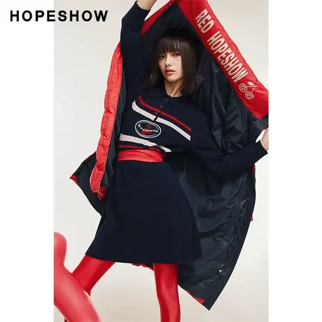 红袖outlets字母绣翻领套头连衣裙hopeshow2023冬新款设计感裙子图片