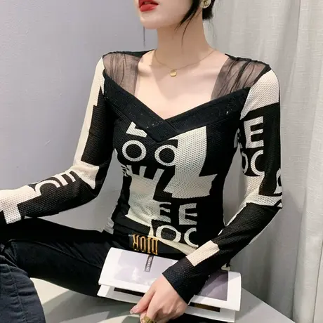 网纱拼接T恤女长袖秋2024新款性感V领修身打底衫时尚烫钻印花上衣商品大图
