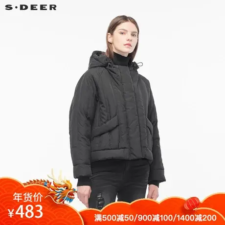 sdeer圣迪奥女装酷黑休闲个性贴袋暗门襟设计连帽羽绒服S18482406图片
