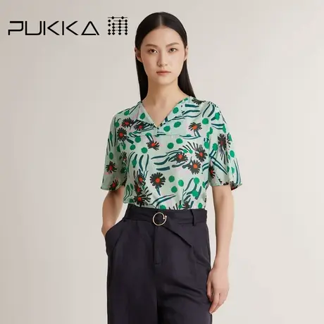 Pukka蒲牌真丝印花衬衫夏季2022年新款宽松设计感短袖薄荷绿上衣图片