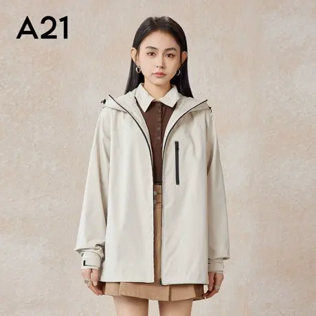A21女装宽松连帽落肩开胸梭织外套春季防风防水冲锋衣工装外套女图片
