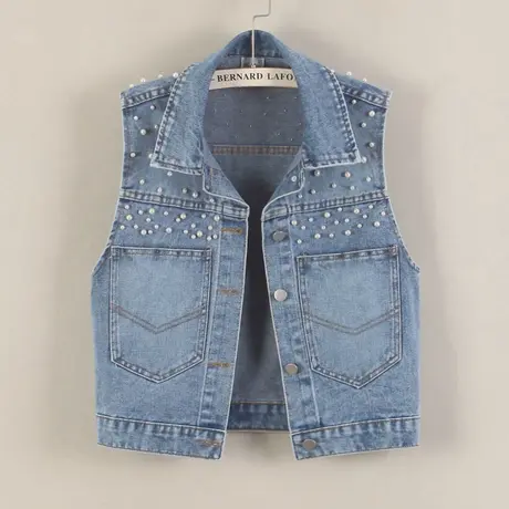 牛仔马甲女短款背心宽松春秋新款大码无袖外套显瘦外搭时尚钉珠潮商品大图