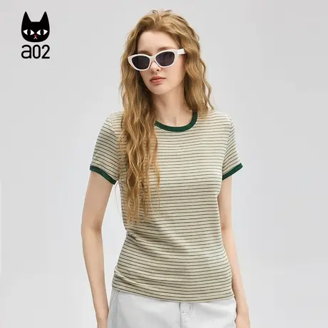 a02莱赛尔条纹圆领短袖T恤女2025新款薄款修身半袖设计感上衣图片