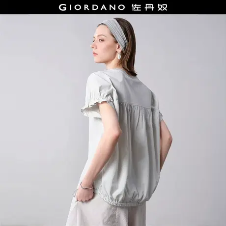 设计师款佐丹奴宽松衬衫女纯棉绑带下摆圆领花边连袖衬衫18345909图片
