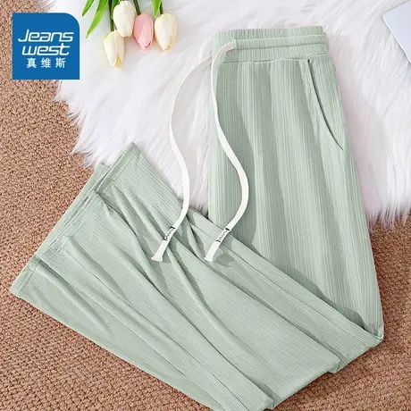 KMV真维斯冰丝直筒裤女2025新款小个子百褶条夏季薄款垂感休闲裤商品大图