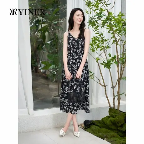 YINER音儿专选女装法式轻薄夏日度假玉兰印花微收腰V领吊带连衣裙商品大图