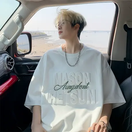 短袖男款夏季潮流钢印印花半袖美式落肩袖宽松体恤白色上衣T恤男商品大图