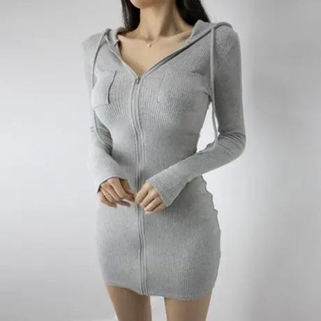 韩国风设计感连帽卫衣收腰包臀裙女包身短裙显瘦高腰性感连衣裙女商品大图
