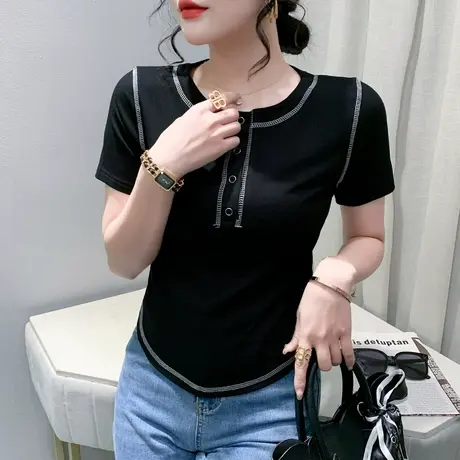 欧货高腰短款T恤女短袖夏季新款洋气网红流行上衣设计感紧身小衫图片