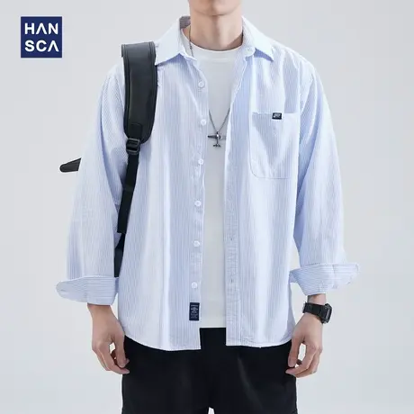 hansca条纹衬衫男宽松纯棉秋季潮牌日系cityboy蓝色休闲衬衣外套商品大图