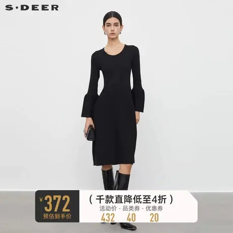 sdeer圣迪奥女装罗纹圆领喇叭袖针织连衣裙S233Z1289商品大图