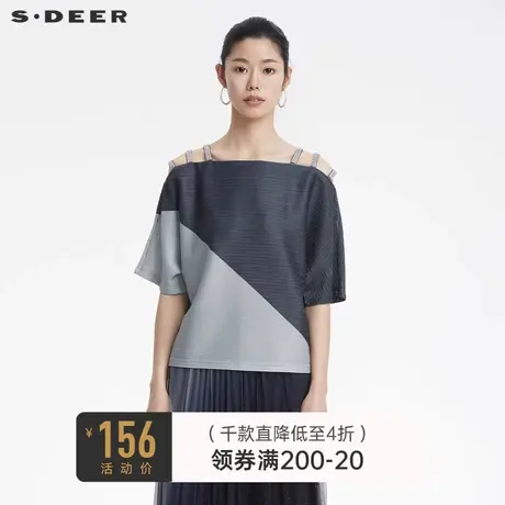 sdeer圣迪奥撞色水钻拼接肌理露肩短袖T恤女夏S222Z0154🌦商品大图