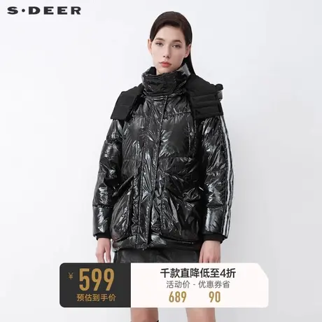 sdeer圣迪奥冬高领连帽罗纹拼接口袋亮面羽绒服S21482443⛄商品大图