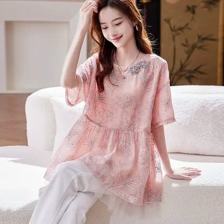 宝诗黎圆领亮丝刺绣短袖衬衫2025夏季蝙蝠袖气质减龄休闲百搭上衣图片