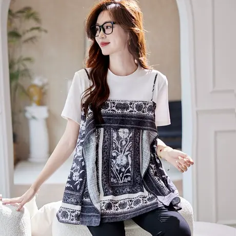 宝诗黎假两件印花拼接T恤女2025夏季设计感气质百搭休闲短袖上衣图片